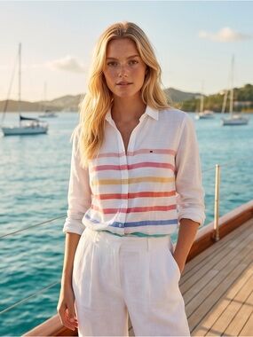 Tommy Hilfiger White Button-Down Shirt with Multicolor Pastel Stripes